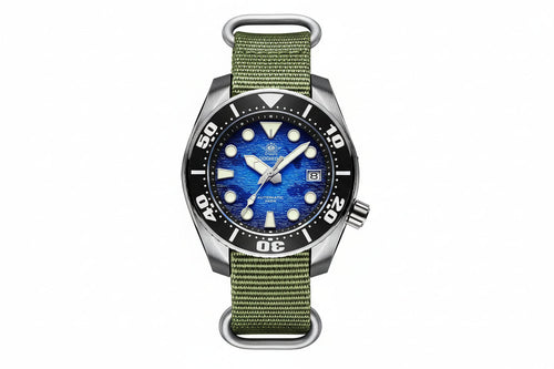 ADDIESDIVE AD2102 NH35 automatic dive watch with blue wave dial and steel oyster bracelet, front view