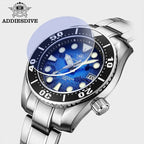 ADDIESDIVE AD2102 NH35 automatic dive watch with blue wave dial and steel bracelet, shown on wrist