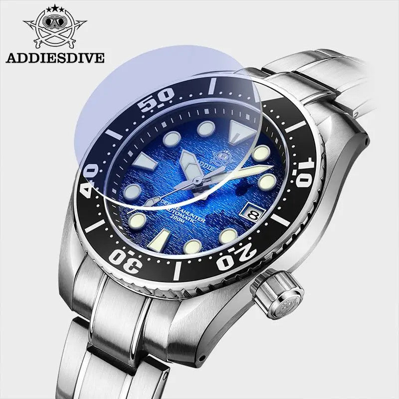 ADDIESDIVE AD2102 NH35 automatic dive watch with blue wave dial and steel bracelet, shown on wrist