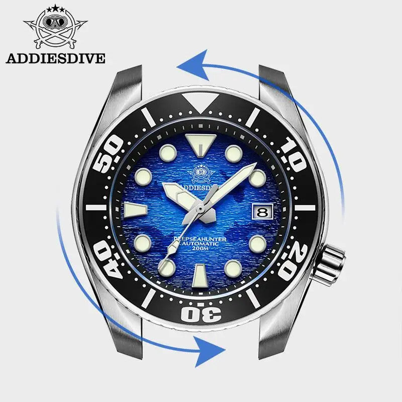 ADDIESDIVE AD2102 NH35 automatic dive watch feature shot showing sapphire crystal over blue wave dial