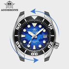 ADDIESDIVE AD2102 NH35 automatic dive watch feature shot showing sapphire crystal over blue wave dial