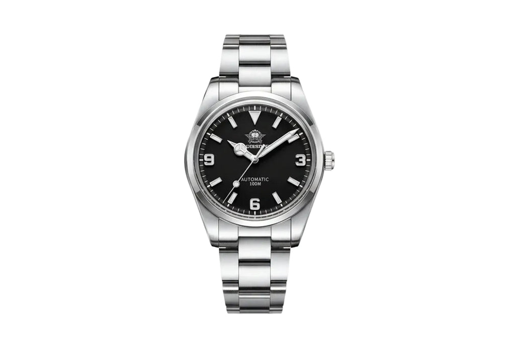 ADDIESDIVE AD2112 automatic Explorer-style with black dial, 3-6-9 Arabic numerals and steel oyster bracelet, front view