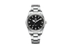 ADDIESDIVE AD2112 automatic Explorer-style with black dial, 3-6-9 Arabic numerals and steel oyster bracelet, front view