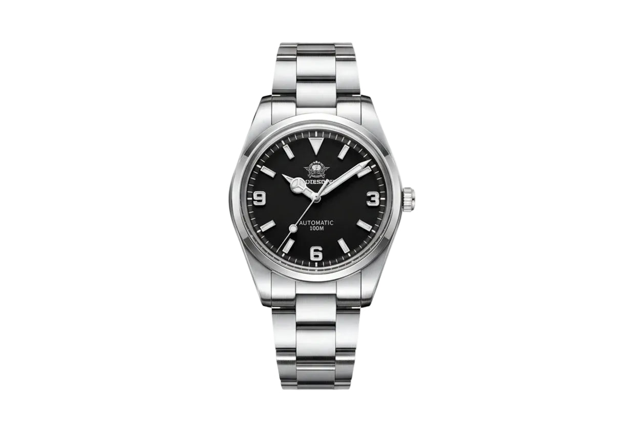 ADDIESDIVE AD2112 automatic Explorer-style with black dial, 3-6-9 Arabic numerals and steel oyster bracelet, front view