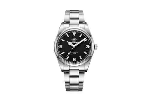 ADDIESDIVE AD2112 automatic Explorer-style with black dial, 3-6-9 Arabic numerals and steel oyster bracelet, front view