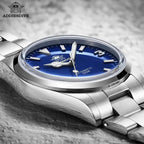 ADDIESDIVE AD2112 automatic Explorer-style with blue dial side profile on wooden surface showing polished case and steel