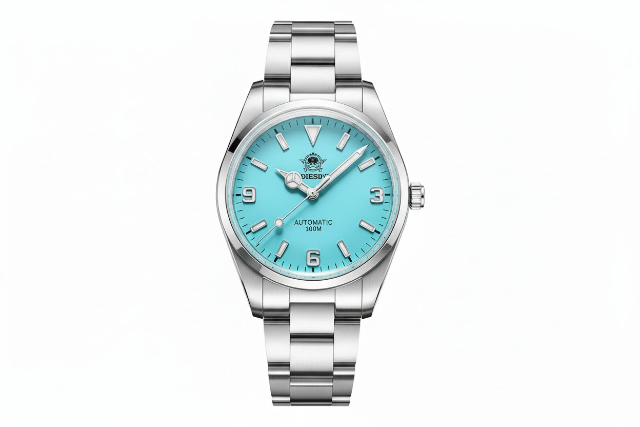 ADDIESDIVE AD2112 automatic Explorer-style with sky blue dial, 3-6-9 Arabic numerals and steel oyster bracelet, front view