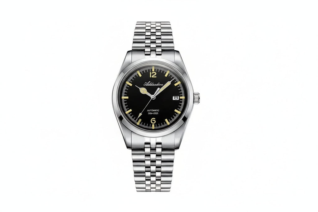 ADDIESDIVE AD2117 NH35 automatic vintage-style with black dial, cream lume markers and jubilee steel bracelet, front view