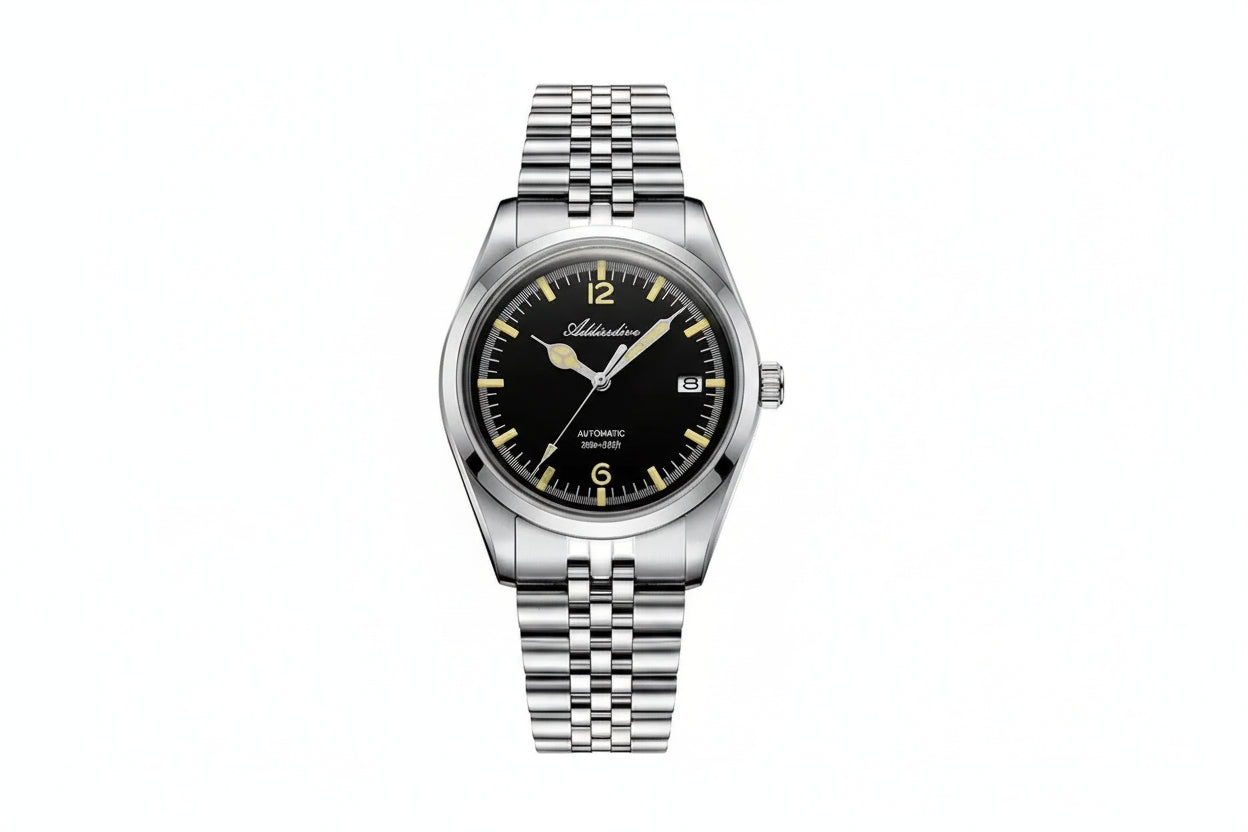 ADDIESDIVE AD2117 NH35 automatic vintage-style with black dial, cream lume markers and jubilee steel bracelet, front view