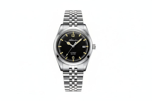 ADDIESDIVE AD2117 NH35 automatic vintage-style with black dial, cream lume markers and jubilee steel bracelet, front view