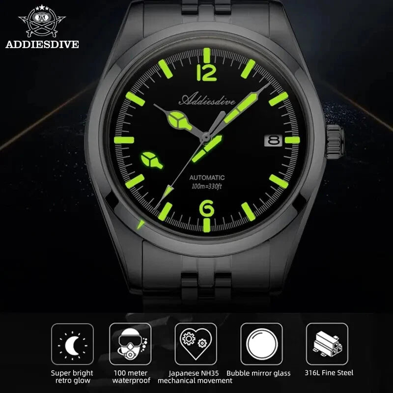ADDIESDIVE AD2117 NH35 automatic vintage-style lume feature shot with NH35 movement, bubble glass and 316L steel specs