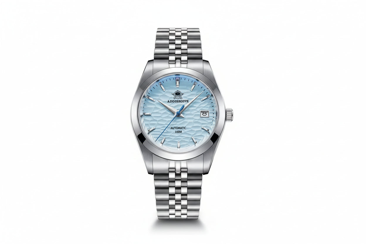ADDIESDIVE AD2118 automatic dress watch with ice blue hammered dial, blue seconds hand and jubilee steel bracelet, front view