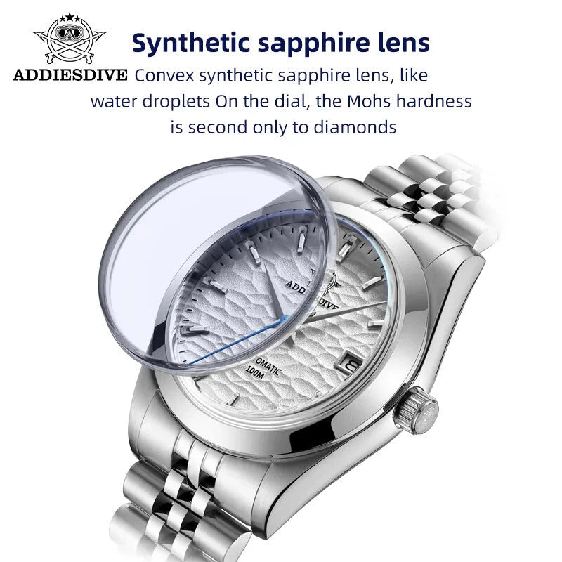ADDIESDIVE AD2118 automatic dress watch feature shot showing convex synthetic sapphire lens over hammered dial
