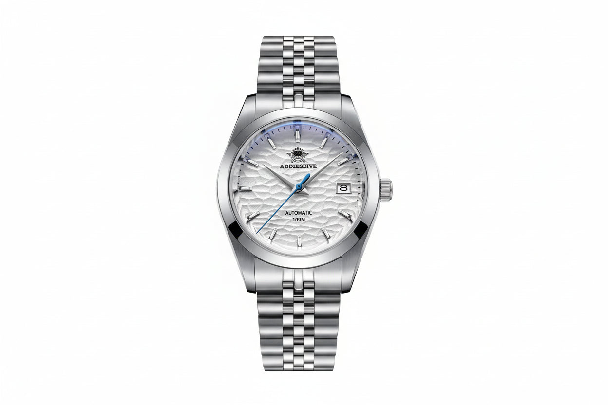 ADDIESDIVE AD2118 automatic dress watch with white hammered dial, blue seconds hand and jubilee steel bracelet, front view