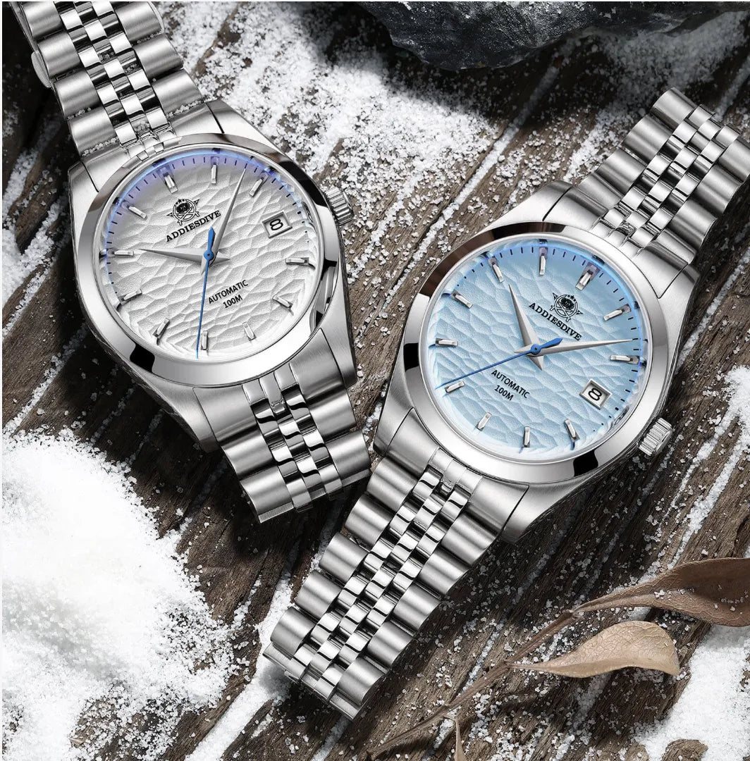 ADDIESDIVE AD2118 NH35 automatic dress watch showing white and ice blue hammered dial variants with jubilee bracelets