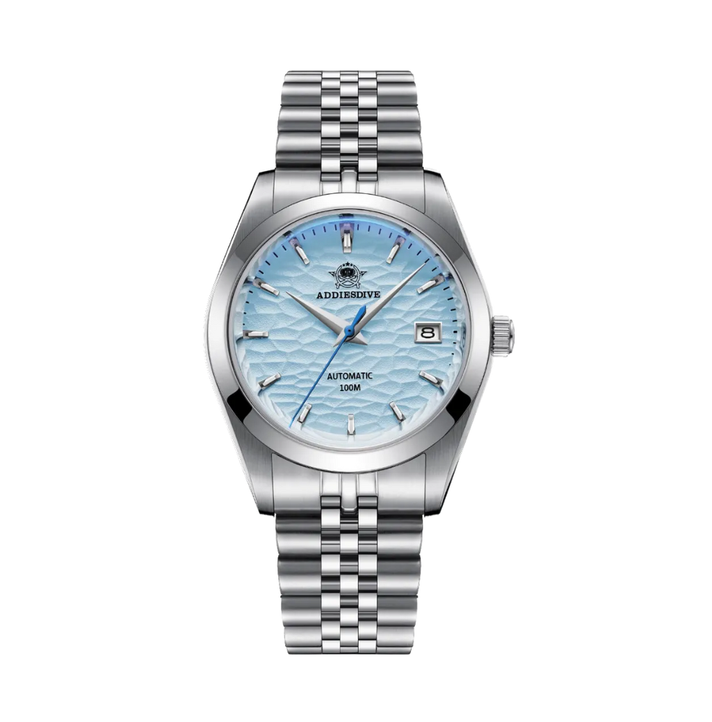 ADDIESDIVE AD2118 NH35 automatic dress watch with ice blue hammered dial and jubilee steel bracelet, front view