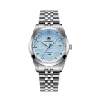 ADDIESDIVE AD2118 NH35 automatic dress watch with ice blue hammered dial and jubilee steel bracelet, front view