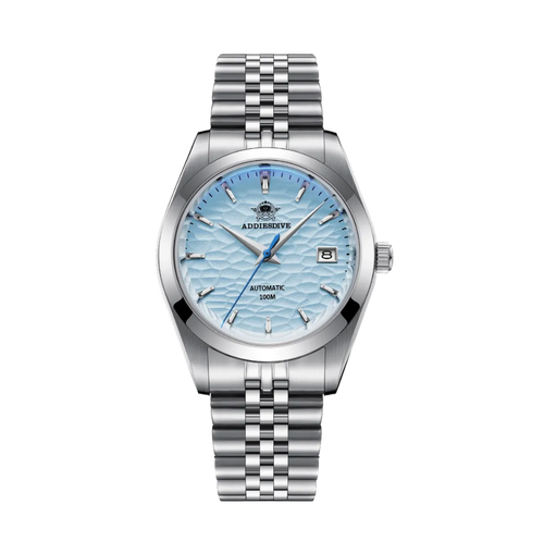 ADDIESDIVE AD2118 NH35 automatic dress watch with ice blue hammered dial and jubilee steel bracelet, front view