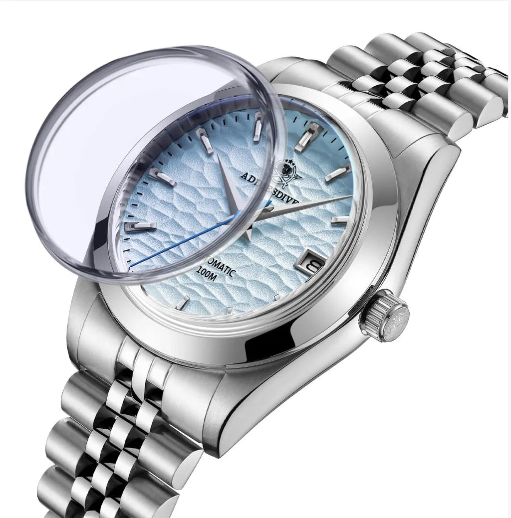 ADDIESDIVE AD2118 NH35 automatic dress watch sapphire lens feature shot with ice blue hammered dial and jubilee bracelet