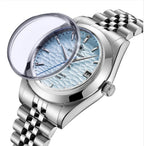 ADDIESDIVE AD2118 NH35 automatic dress watch sapphire lens feature shot with ice blue hammered dial and jubilee bracelet
