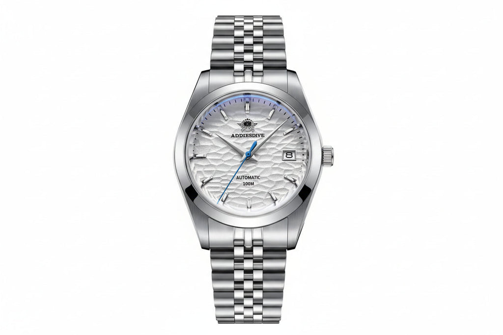 ADDIESDIVE AD2118 NH35 automatic dress watch with white hammered dial, blue seconds hand and jubilee steel bracelet, front