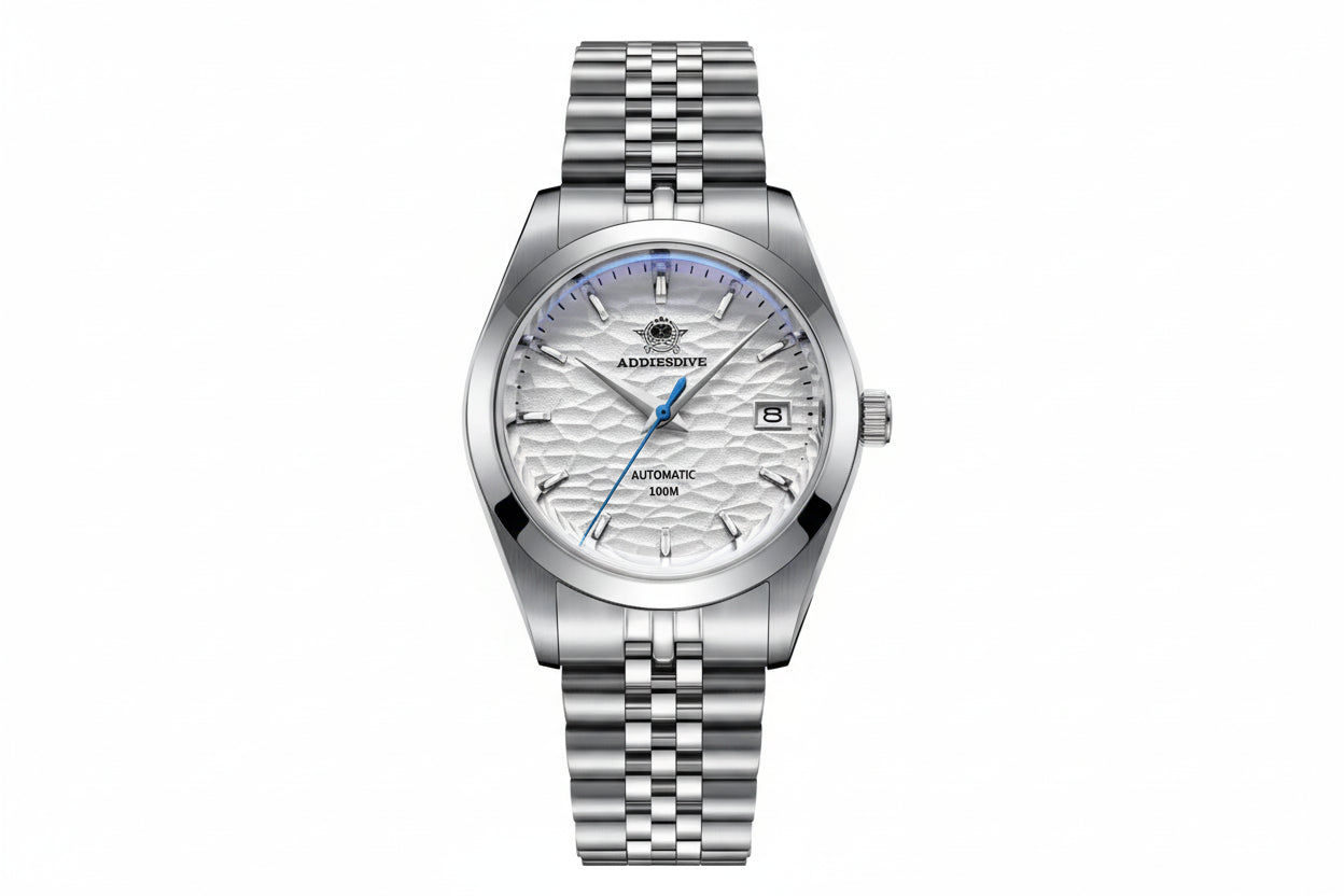 ADDIESDIVE AD2118 NH35 automatic dress watch with white hammered dial, blue seconds hand and jubilee steel bracelet, front