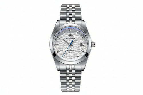 ADDIESDIVE AD2118 NH35 automatic dress watch with white hammered dial, blue seconds hand and jubilee steel bracelet, front