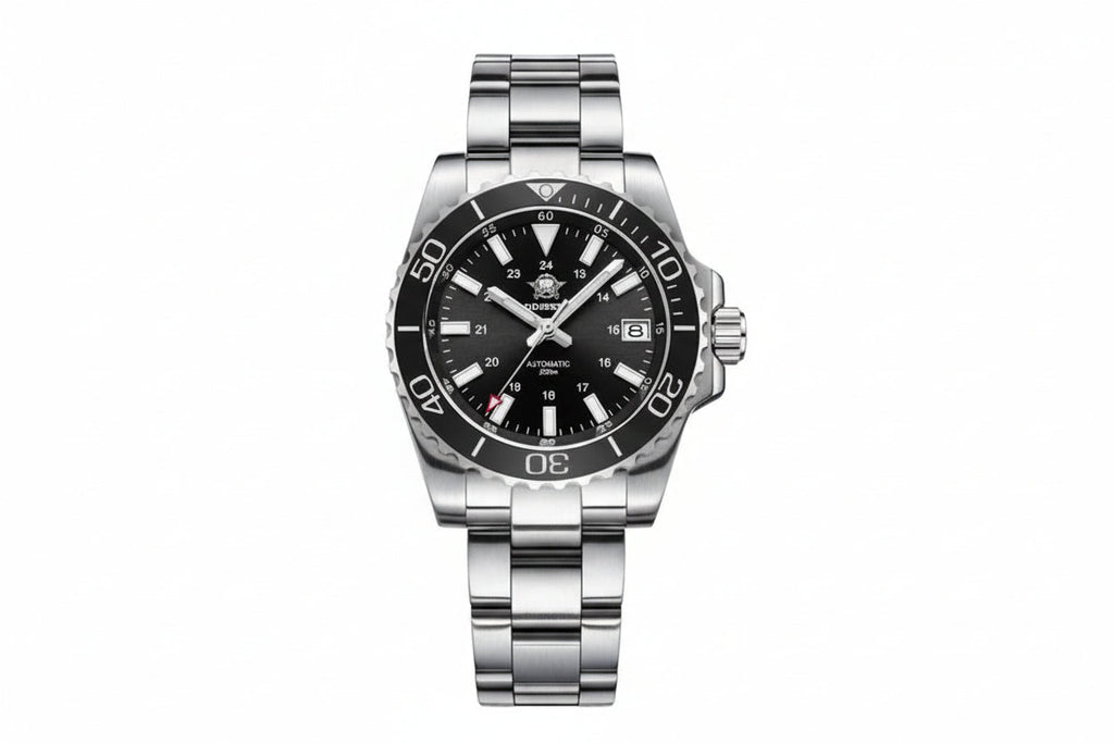 ADDIESDIVE AD2504 automatic dive watch with black dial, 24-hour inner scale, black bezel and steel oyster bracelet, front