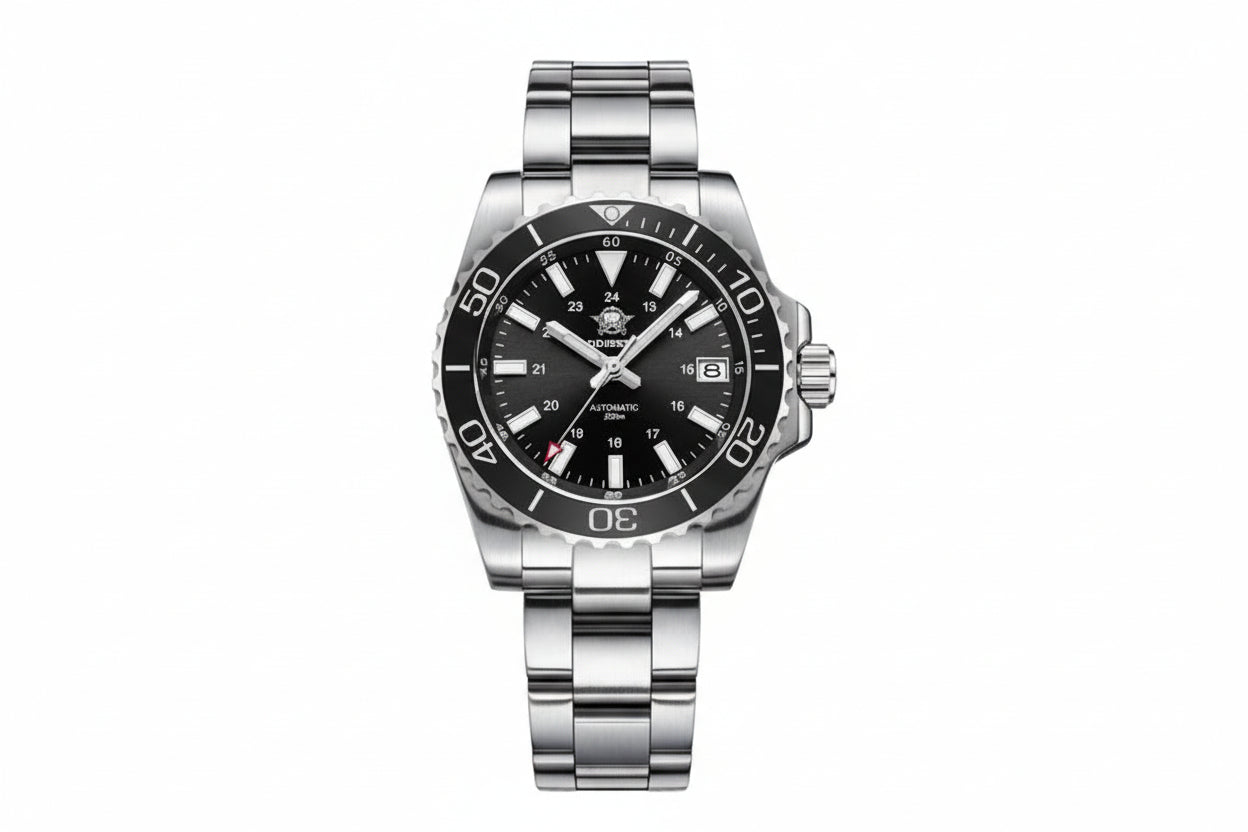 ADDIESDIVE AD2504 automatic dive watch with black dial, 24-hour inner scale, black bezel and steel oyster bracelet, front