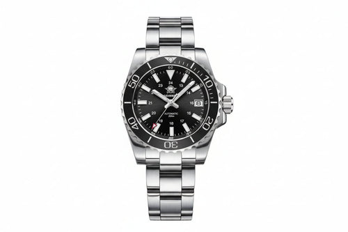 ADDIESDIVE AD2504 automatic dive watch with black dial, 24-hour inner scale, black bezel and steel oyster bracelet, front