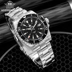 ADDIESDIVE AD2504 automatic dive watch with black dial and steel oyster bracelet, angled lifestyle shot on honeycomb