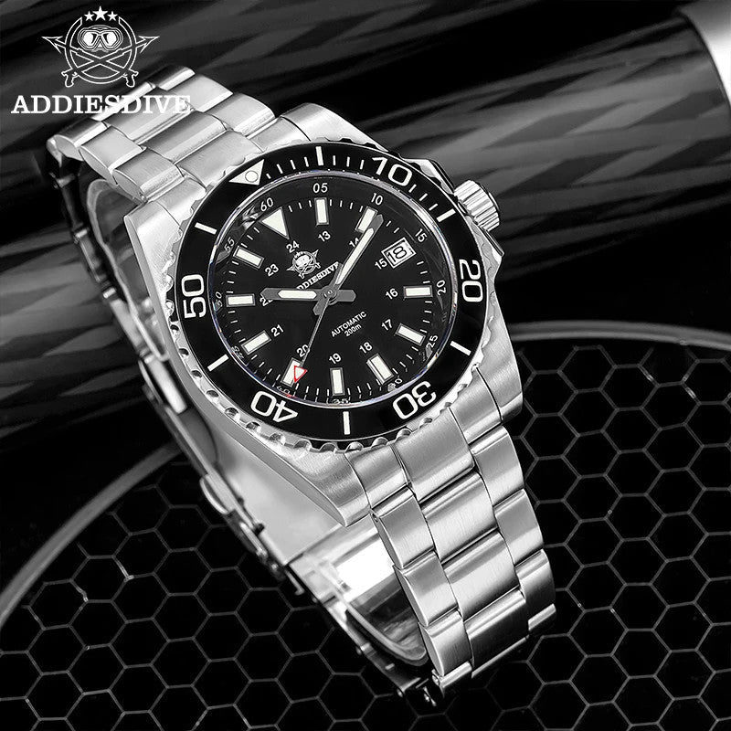 ADDIESDIVE AD2504 automatic dive watch with black dial and steel oyster bracelet, angled lifestyle shot on honeycomb