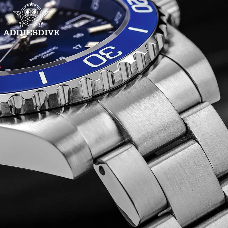 ADDIESDIVE AD2504 automatic dive watch with blue dial side profile showing blue bezel, signed crown and steel bracelet