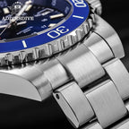 ADDIESDIVE AD2504 automatic dive watch with blue dial side profile showing blue bezel, signed crown and steel bracelet