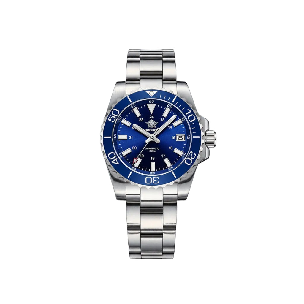 ADDIESDIVE AD2504 automatic dive watch with blue dial and steel bracelet front view