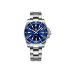 ADDIESDIVE AD2504 automatic dive watch with blue sunburst dial, blue bezel and steel oyster bracelet, front view