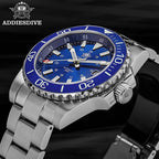 ADDIESDIVE AD2504 automatic dive watch with blue sunburst dial and steel bracelet, angled lifestyle shot