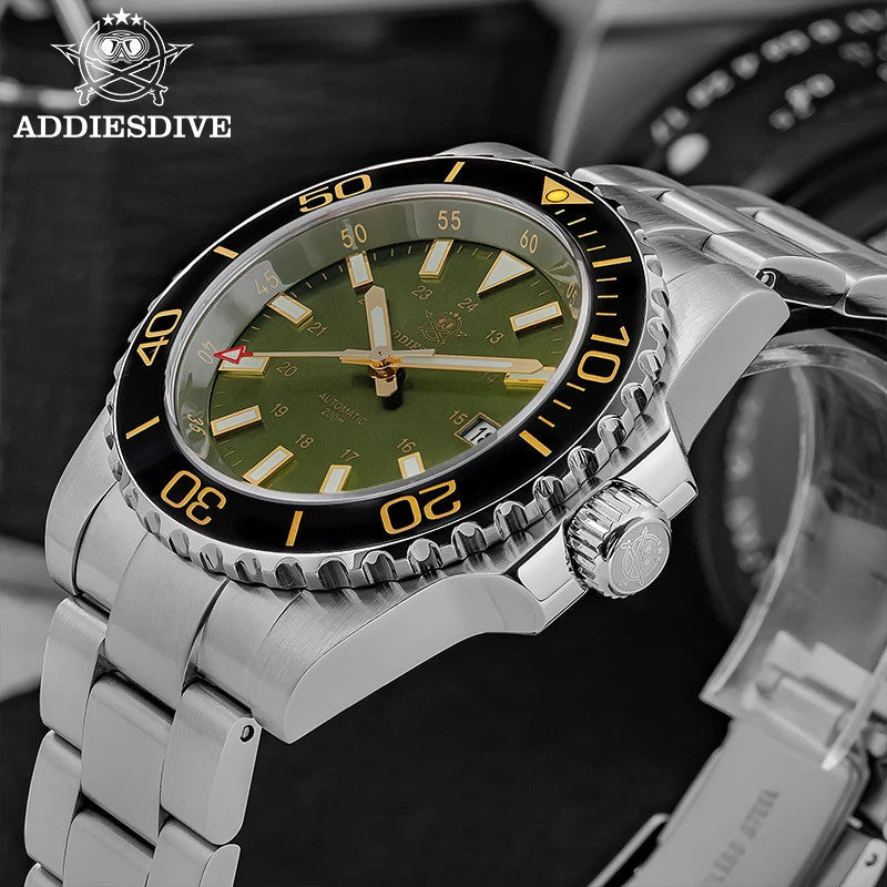 ADDIESDIVE AD2504 automatic dive watch with green dial and black bezel side view