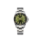 ADDIESDIVE AD2504 automatic dive watch with green sunburst dial, black-gold bezel and steel oyster bracelet, front view