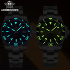 ADDIESDIVE AD2504 dive watch lume comparison showing blue and green luminous markers in darkness