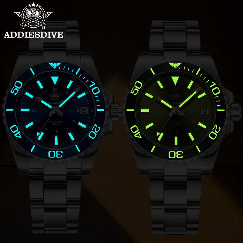 ADDIESDIVE AD2504 dive watch lume comparison showing blue and green luminous markers in darkness