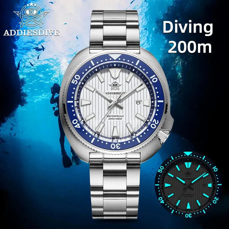 ADDIESDIVE AD2507 diver quartz watch 200m waterproof feature graphic with white dial and lume insert
