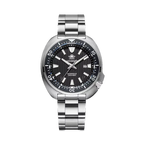 ADDIESDIVE AD2507 turtle-style diver quartz with black fluted dial, black bezel and steel bracelet, front view