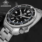 ADDIESDIVE AD2507 turtle-style diver quartz with black fluted dial and steel bracelet, angled lifestyle shot