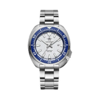 ADDIESDIVE AD2507 Diver sport quartz watch with white fluted dial, blue bezel and steel bracelet in turtle-style case, front