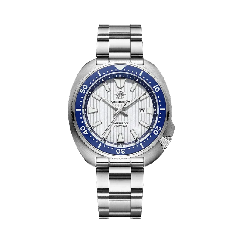 ADDIESDIVE AD2507 Diver sport quartz watch with white fluted dial, blue bezel and steel bracelet in turtle-style case, front