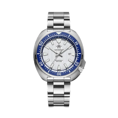 ADDIESDIVE AD2507 Diver sport quartz watch with white fluted dial, blue bezel and steel bracelet in turtle-style case, front