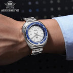 ADDIESDIVE AD2507 turtle-style diver quartz with white fluted dial and blue bezel, shown on wrist