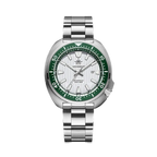 ADDIESDIVE AD2507 turtle-style diver quartz with white fluted dial, green bezel and steel bracelet, front view