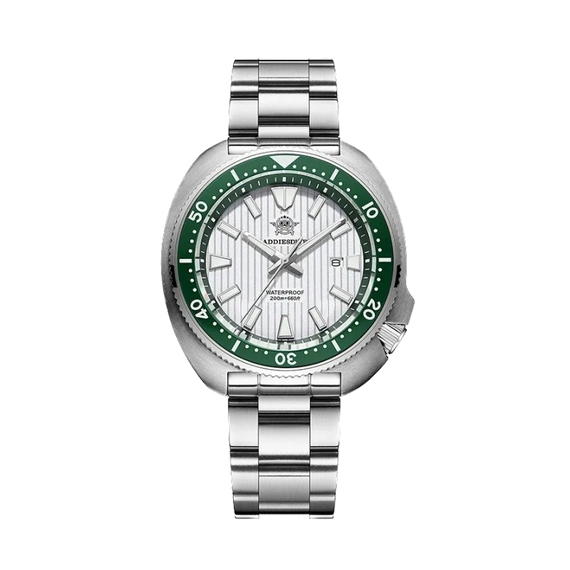 ADDIESDIVE AD2507 turtle-style diver quartz with white fluted dial, green bezel and steel bracelet, front view
